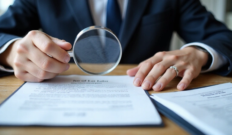 Osoba przeglądająca dokumenty prawne z lupą, symbolizująca dbałość o ochronę danych